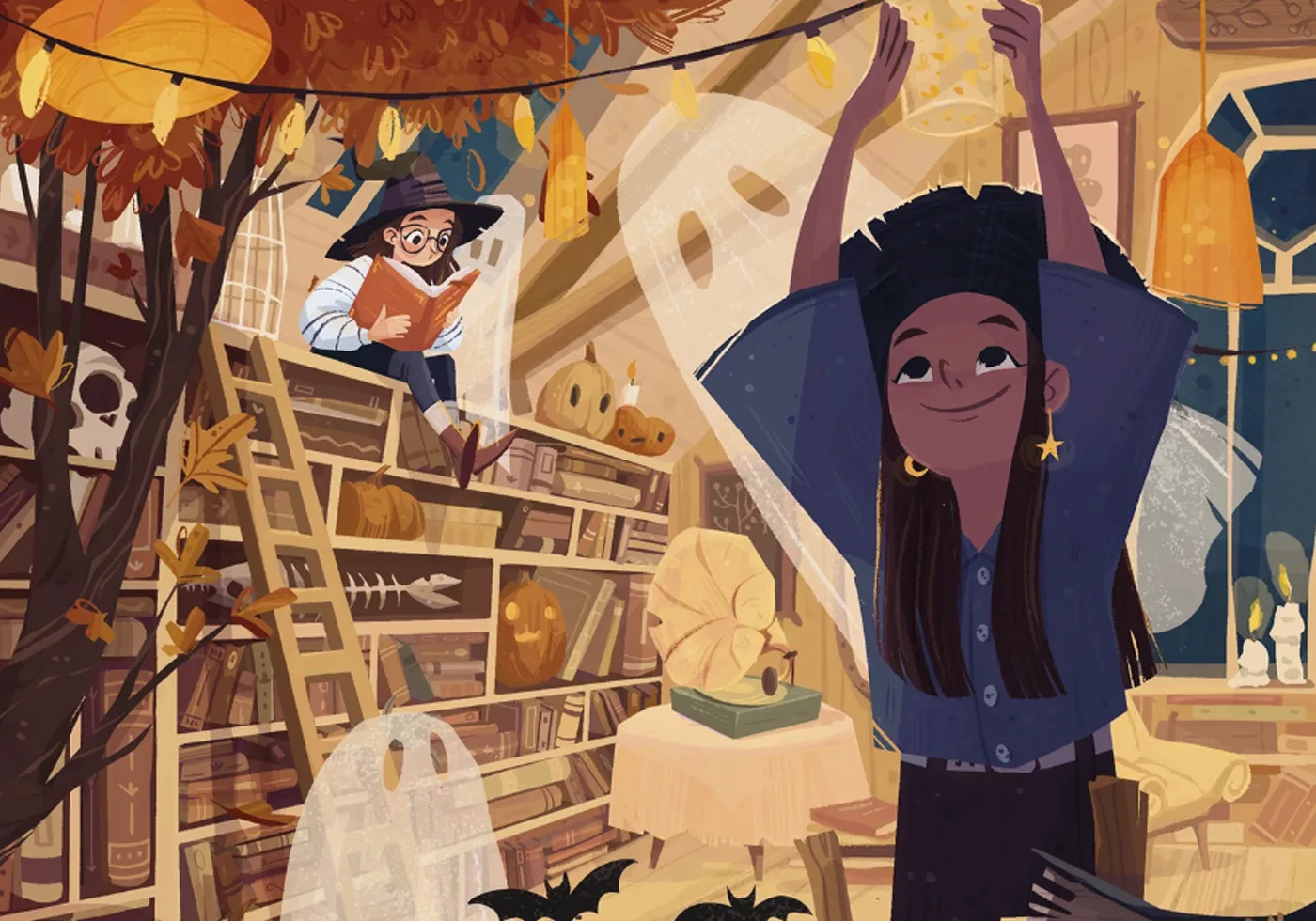 Halloween reading room illustration