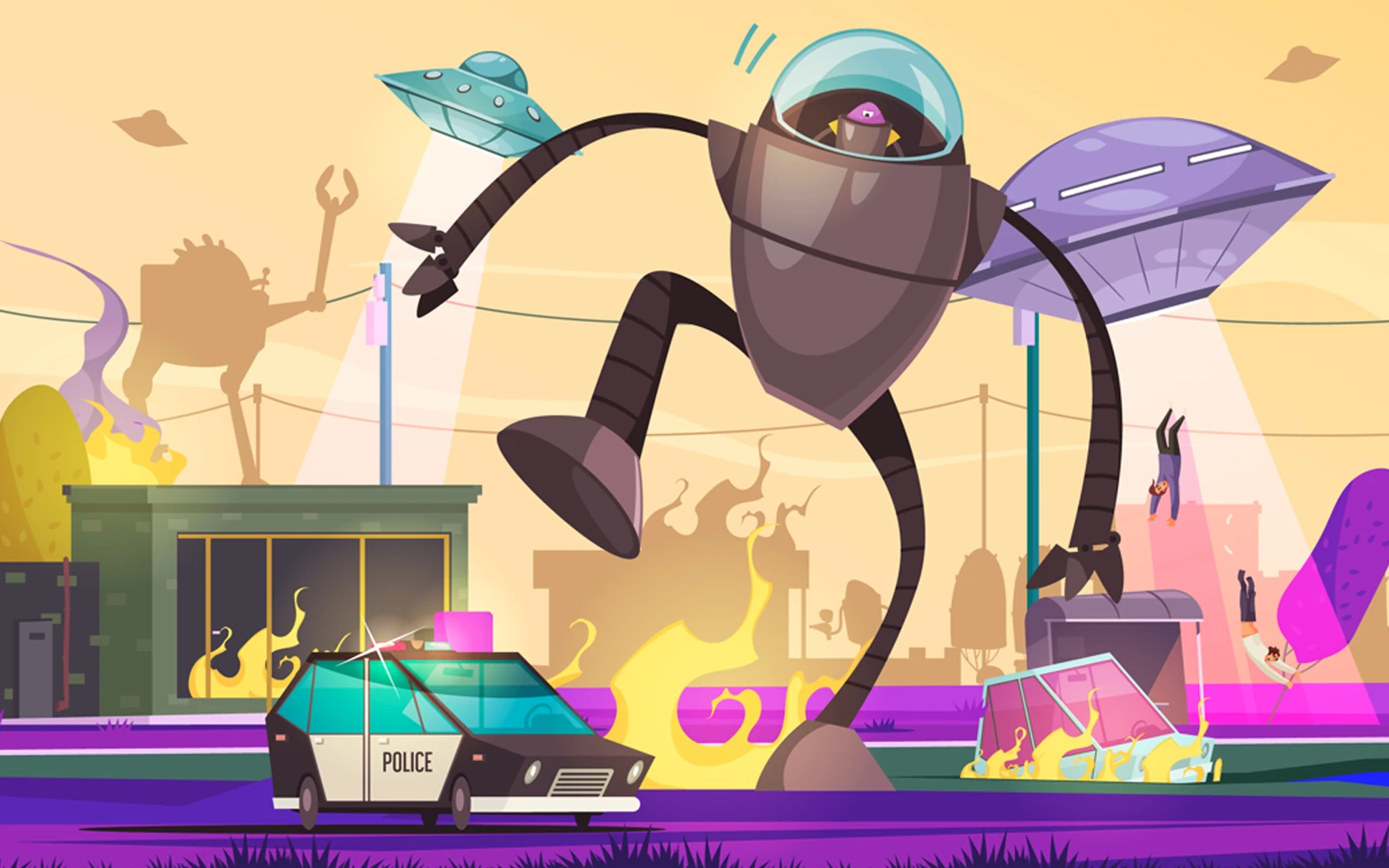 Original illustrated science-fiction scene with a large robot
